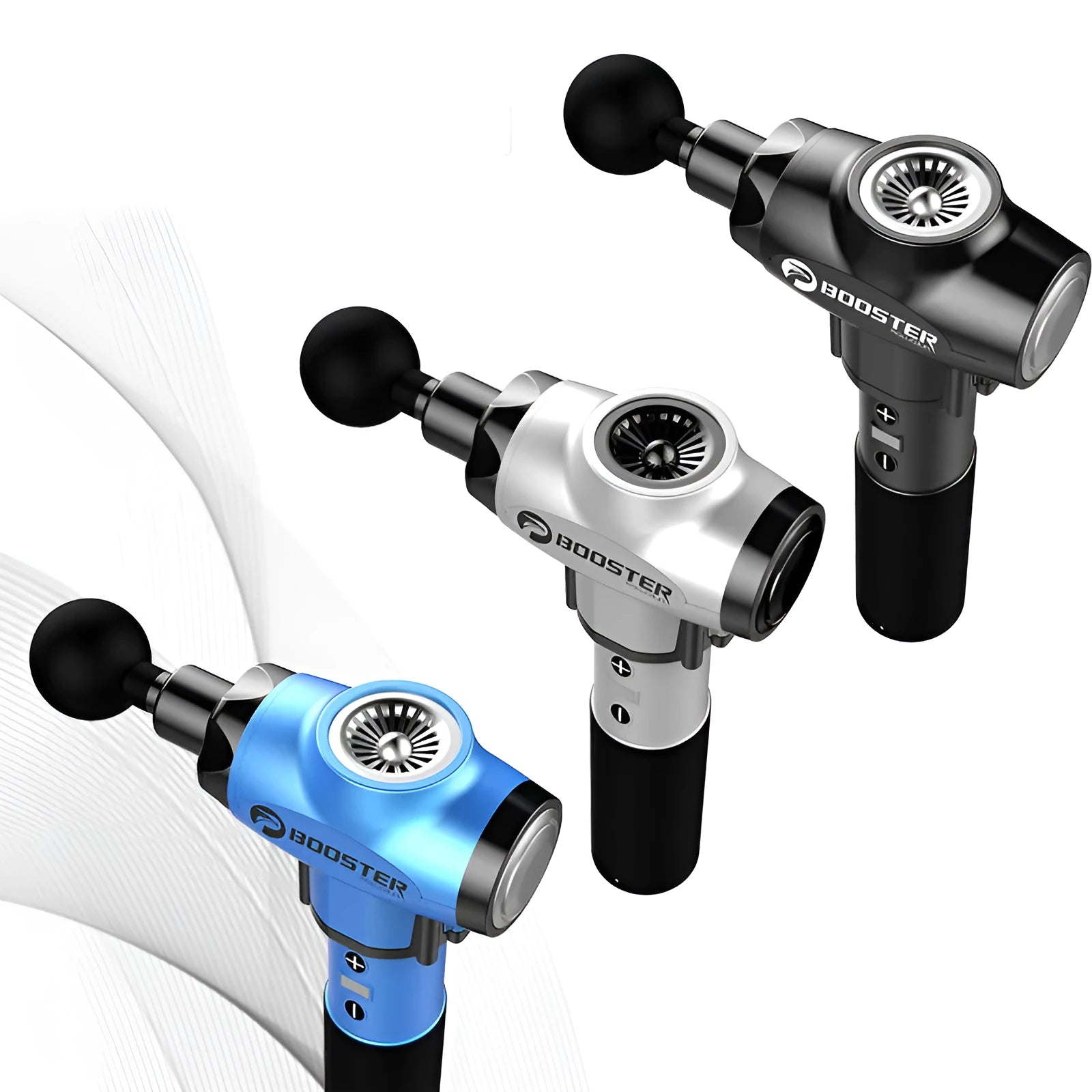 Black and white percussion muscle massage gun with adjustable speed settings