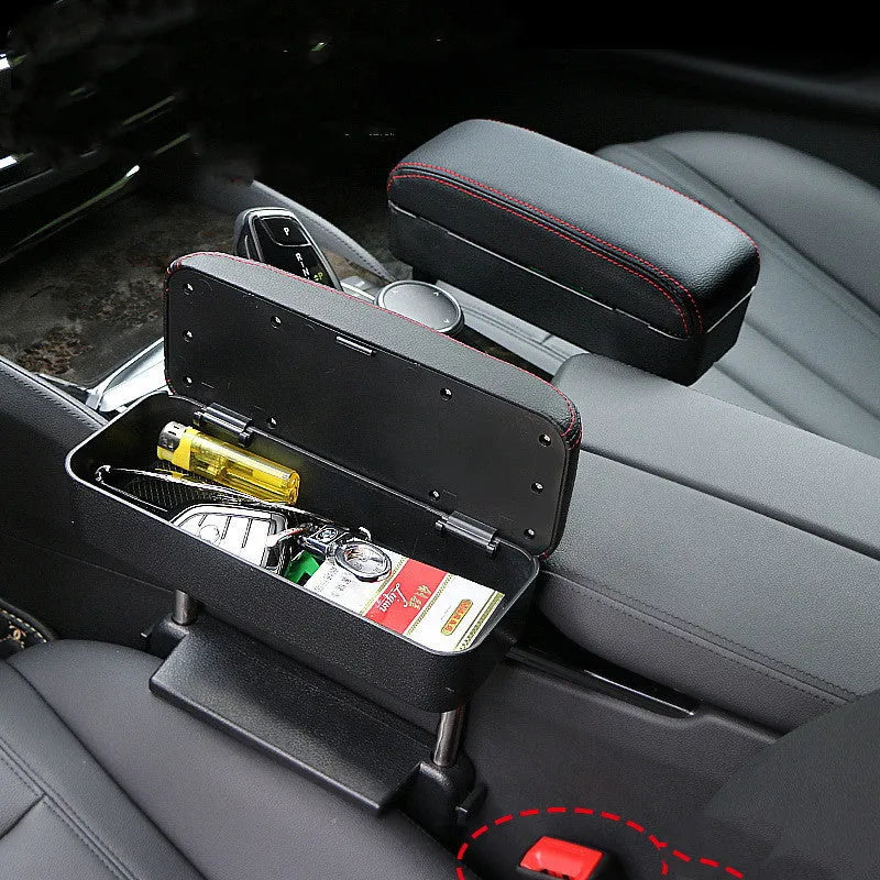 Universal car armrest box in black with storage compartment and adjustable armrest pad
