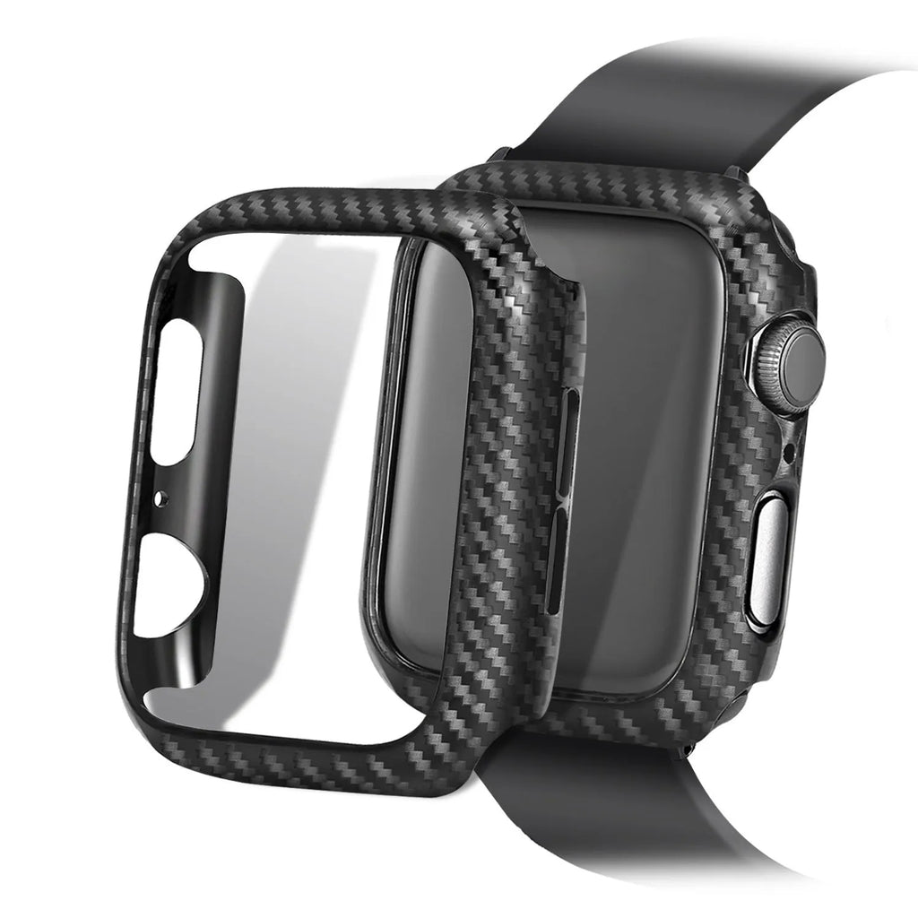 Leather Apple Watch band with carbon fibre pattern case in multiple colour options