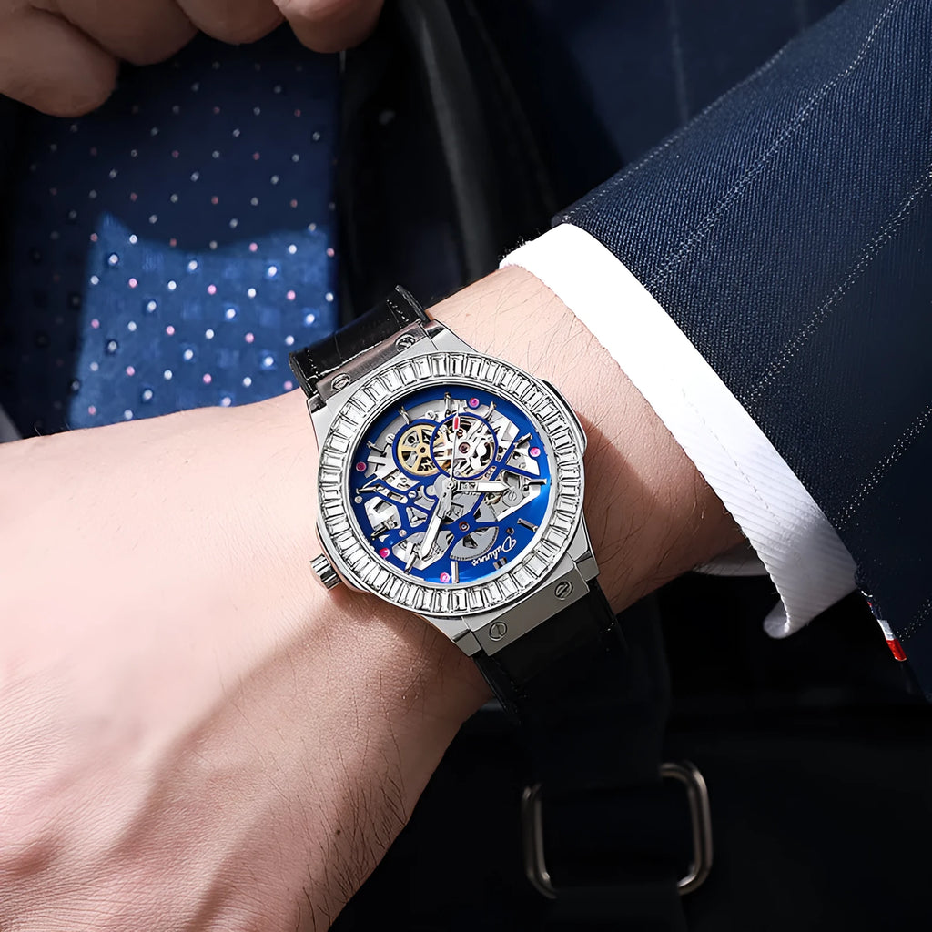 Men's automatic mechanical watch with diamond studding and hollow movement design on wrist