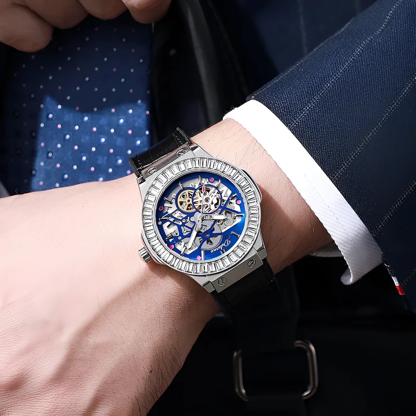 Men's automatic mechanical watch with diamond studding and hollow movement design on wrist