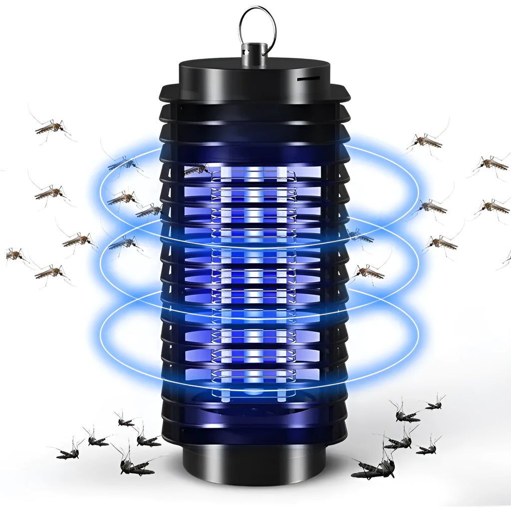 Black hanging electronic mosquito killer lamp with metal grid and decorative light