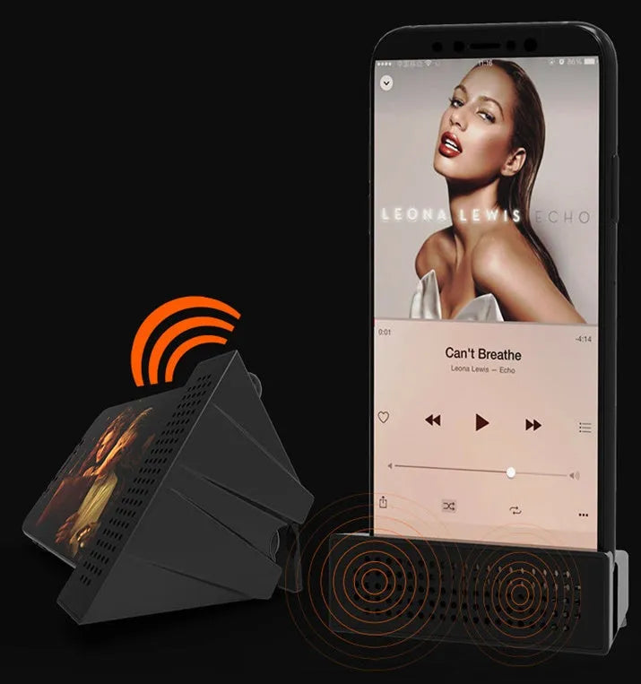 Portable iPhone speaker amplifier stand in ABS plastic showing phone in horizontal position