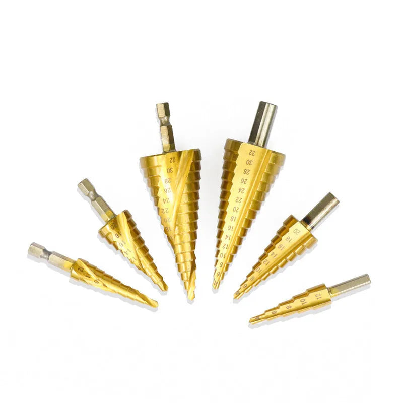 Cone drill bit punch set with high speed steel step drills and centre punches in six configuration options