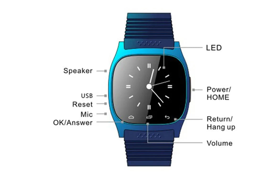 Smart Bluetooth sports watch compatible with iPhone and Android, in black, white, and blue colours.