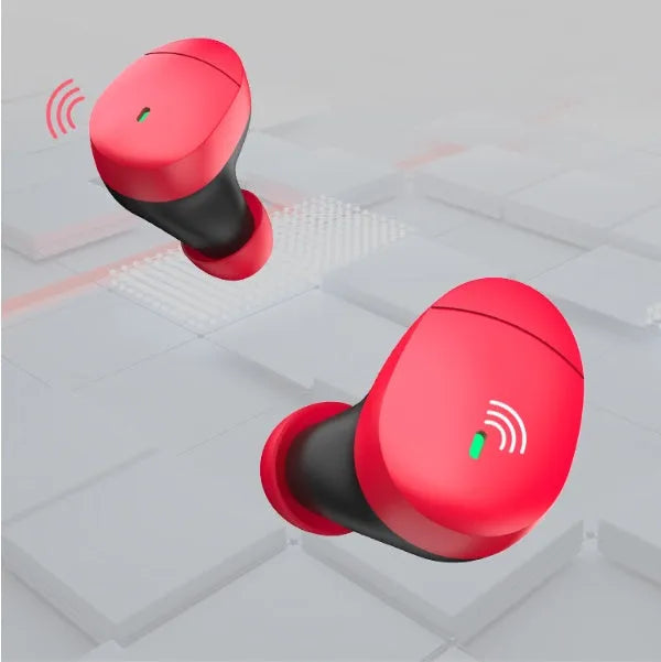 Flame red Qualcomm TWS 3040 Bluetooth headset with earplug design showing USB charging cable
