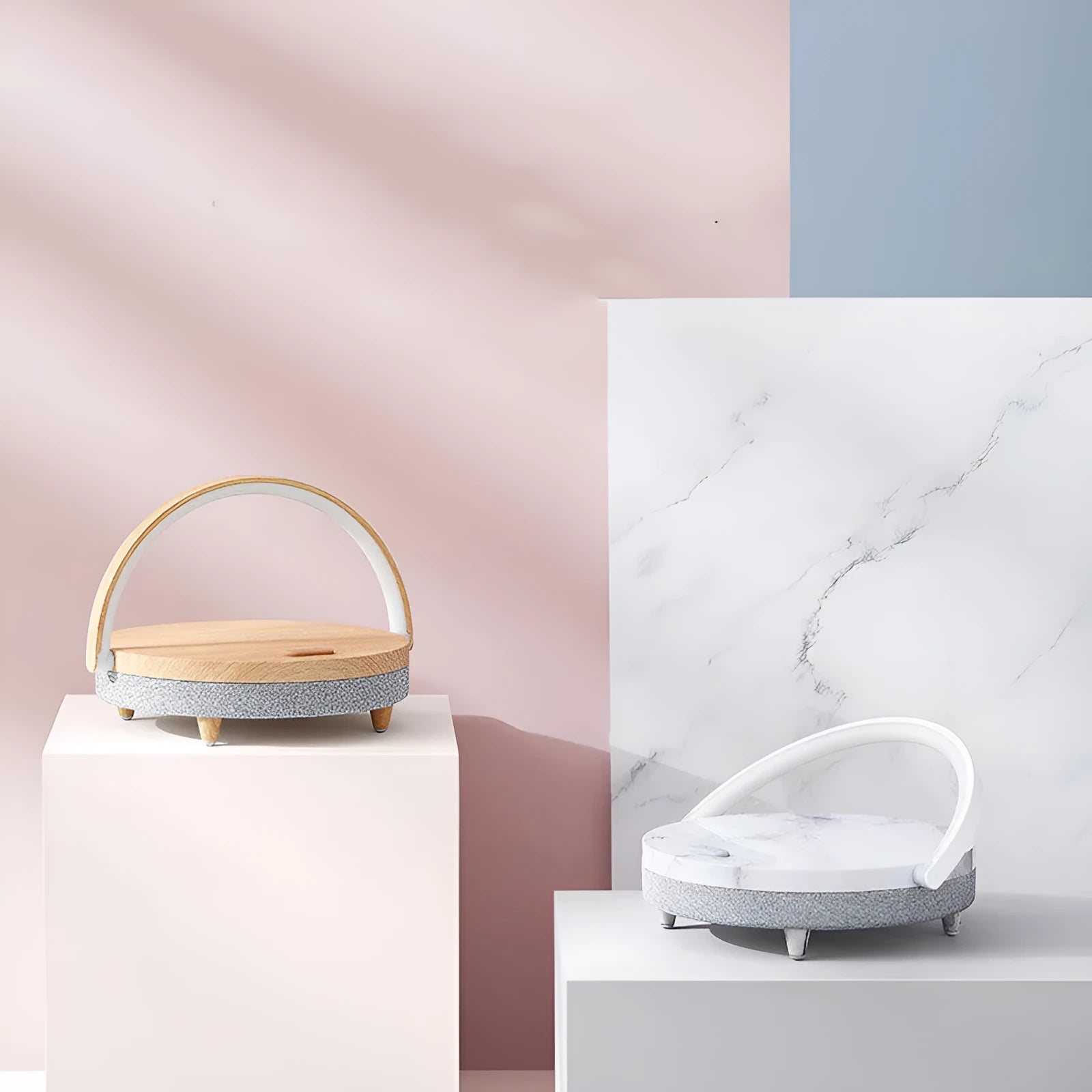 Wireless charging LED night light with Bluetooth speaker in marble pattern finish