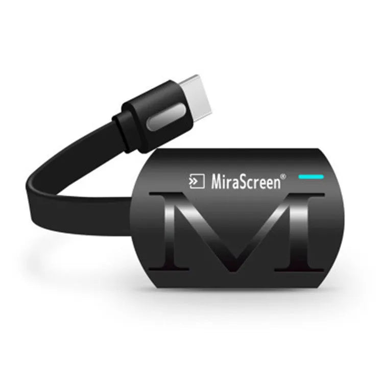 Black USB HDMI dongle for screen mirroring phones to TV, showing compact size and connectors.