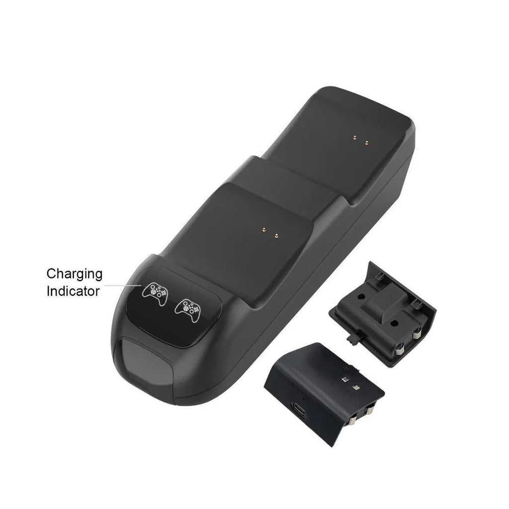 Black dual charging dock for Xbox Series X controllers with two battery packs and LED lights