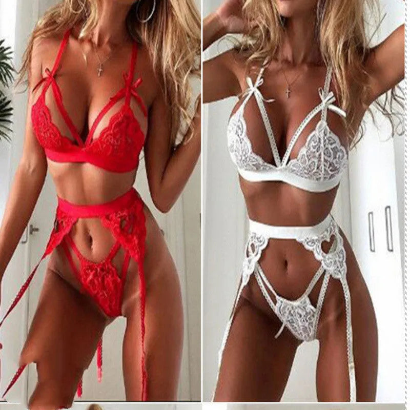 Lace lingerie set for women in red and white with polyester fibre fabric