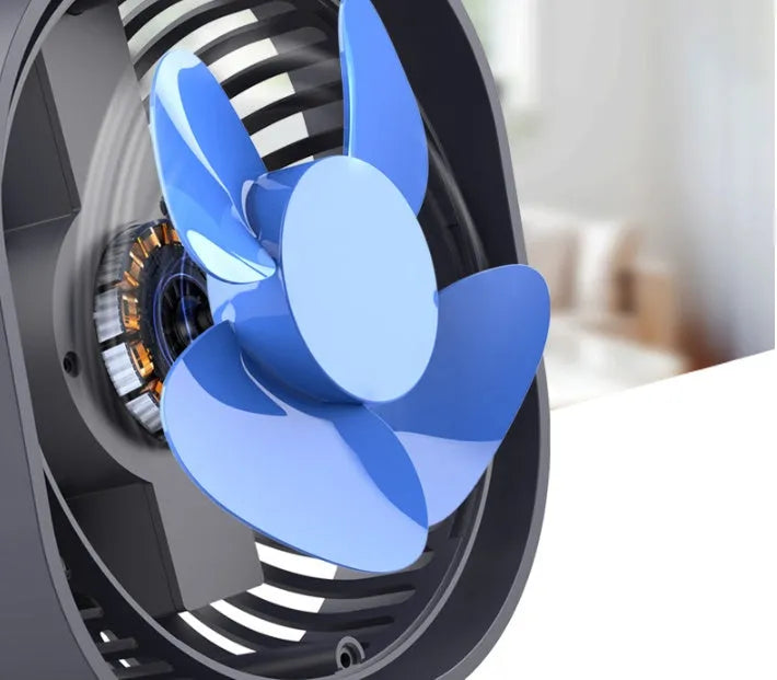 Compact USB desk fan with rotary switch shown in blue colour, demonstrating 360-degree rotation feature.