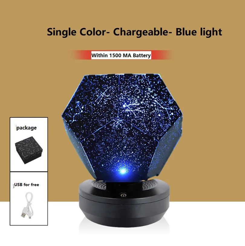 LED starry sky projector night light showing constellation projection on a dark bedroom ceiling.