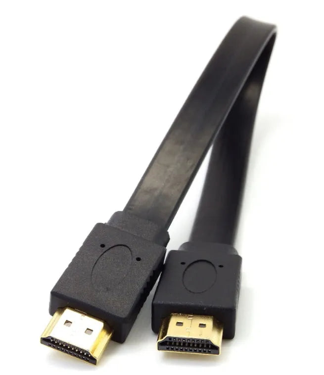 Flat HDMI cable showing version 1.4 specification with copper wire construction and multiple length options