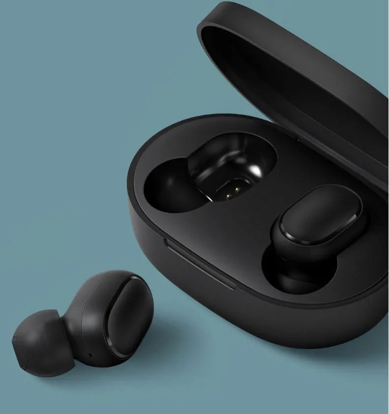 Redmi AirDots black true wireless Bluetooth headphones with charging case.