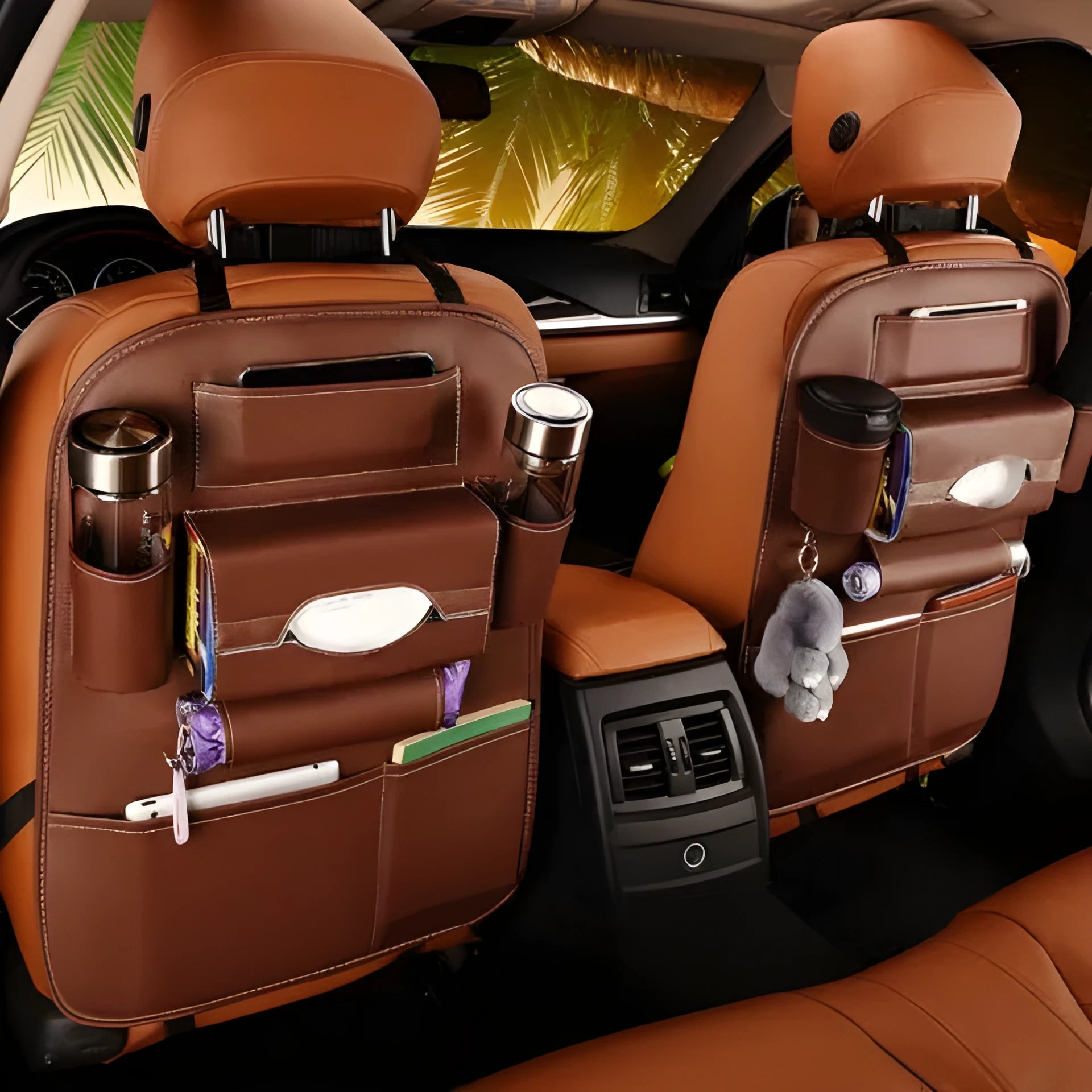 Car leather storage box hanging organiser beige 50x65cm seven compartments