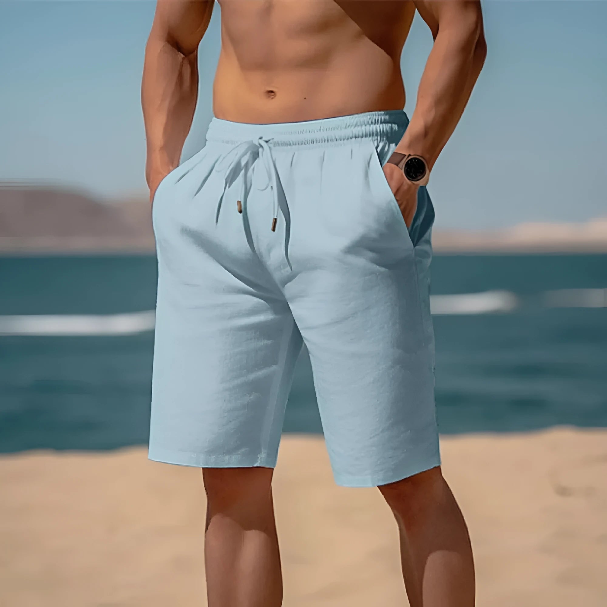 Men's cotton linen drawstring shorts in solid colour with elastic waist for summer beach wear