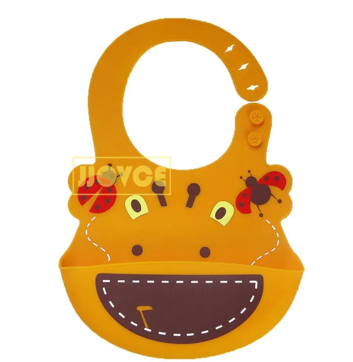 Waterproof silicone baby feeding bib with deep pocket in multiple colours, 28x21cm, on a white background