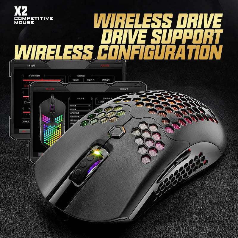Free Wolf X2 wireless gaming mouse with RGB lighting in five colour choices on a desk