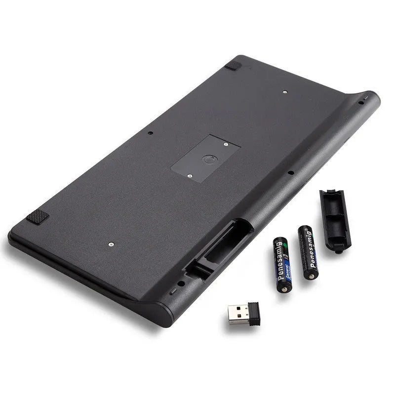 Black and white wireless keyboard and mouse set with 78 keys and 4 buttons showing 10-metre wireless range