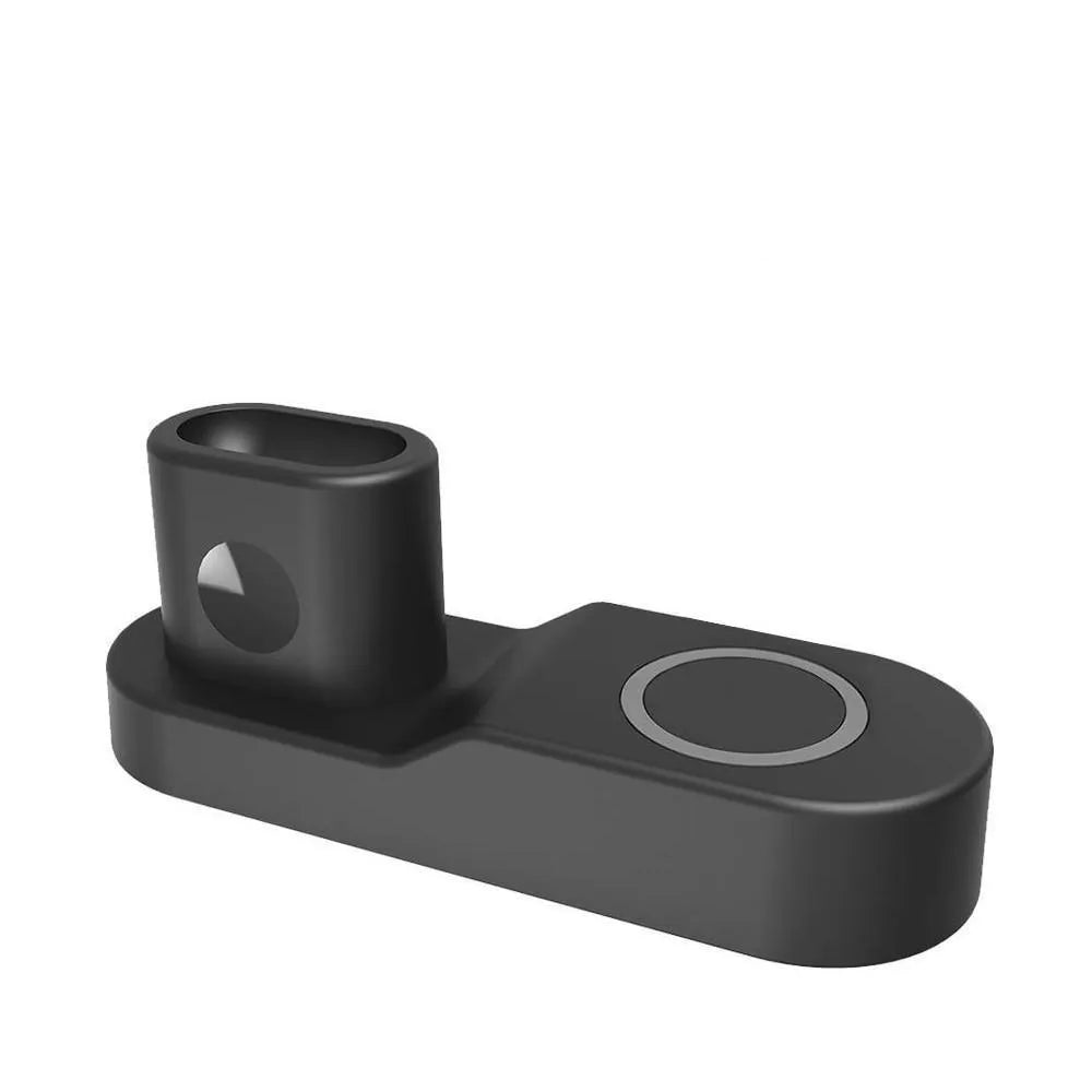 Black and white wireless charging station for Apple devices with detachable magnetic Apple Watch charger