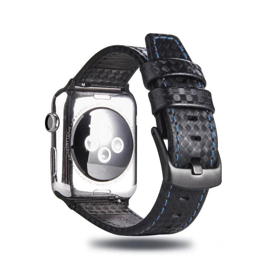 Leather Apple Watch band with carbon fibre pattern case in multiple colour options