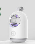 White and blue indoor mosquito killer lamp with UV light, fan, USB cable, and a top carry handle.