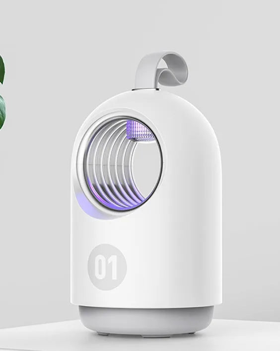White and blue indoor mosquito killer lamp with UV light, fan, USB cable, and a top carry handle.