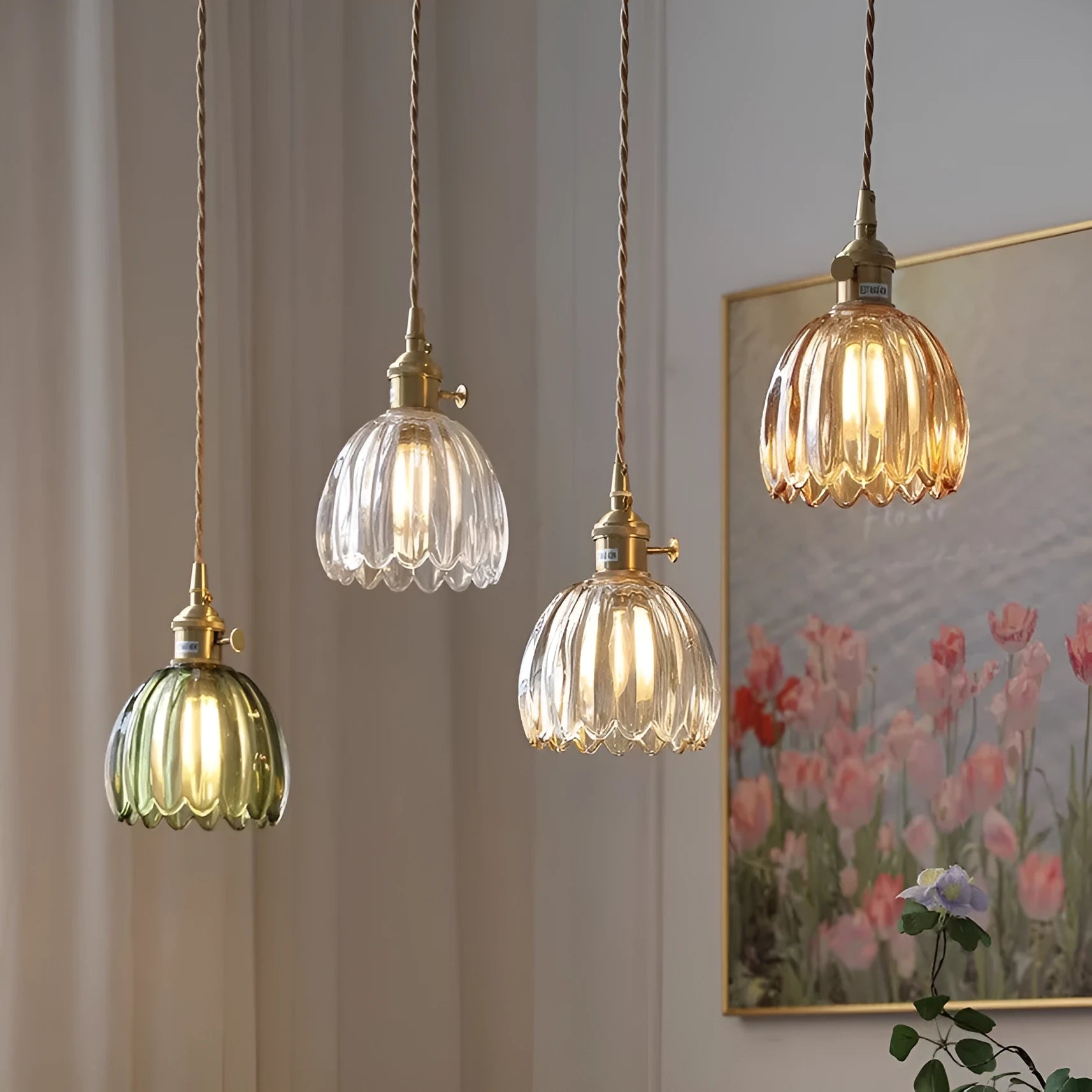 Vintage glass flower chandelier in amber white transparent green and smoky gray for bedroom bedside
