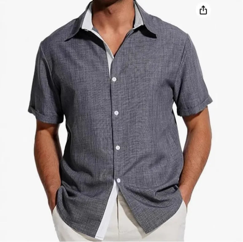 Men's short-sleeved floral print polyester shirt in grey, shown in a regular fit.
