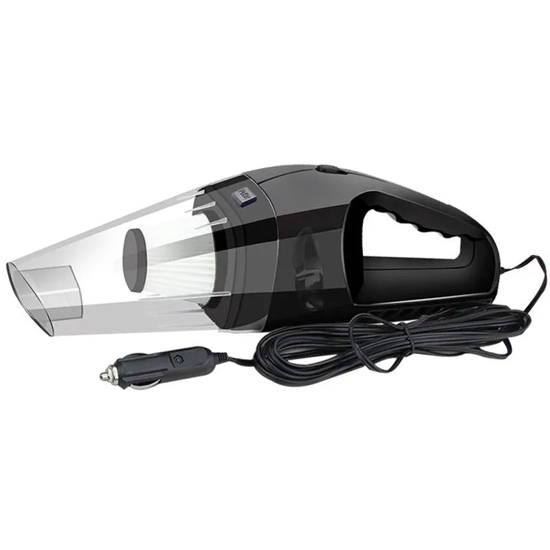 Orange portable handheld car vacuum cleaner with nozzles and a long power cord for 12V socket use.