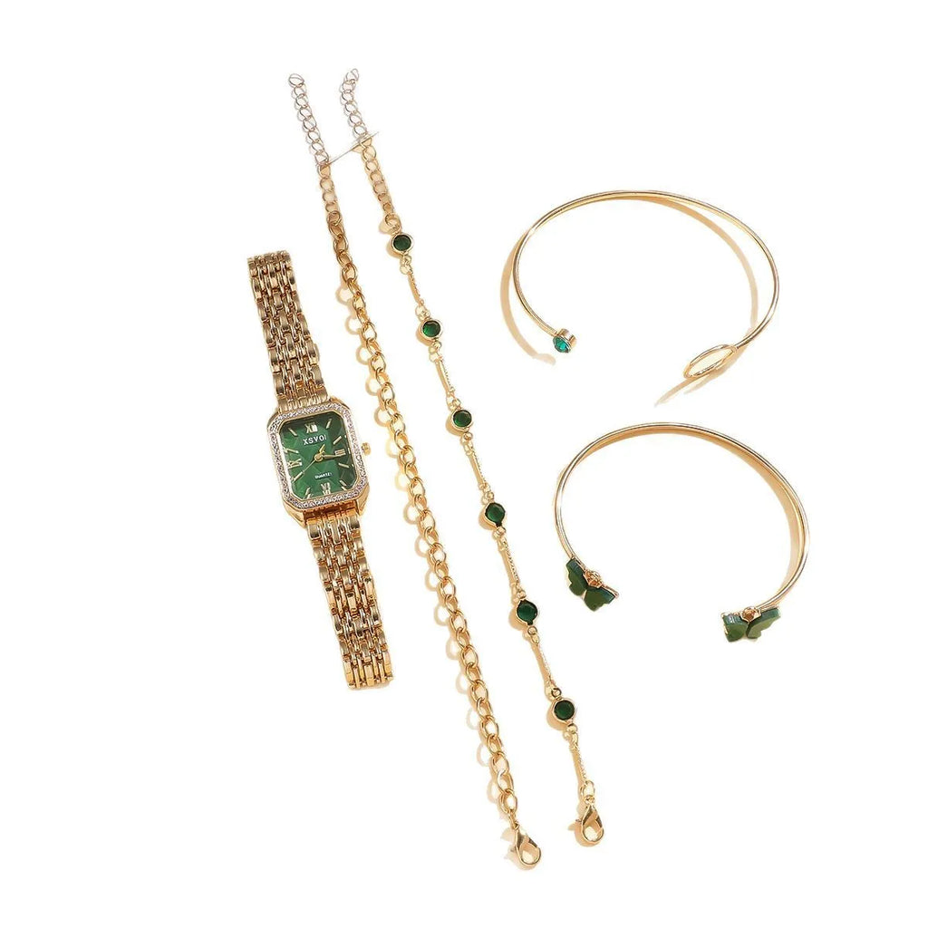 Gold green square dial women's watch with four matching alloy bracelets displayed together