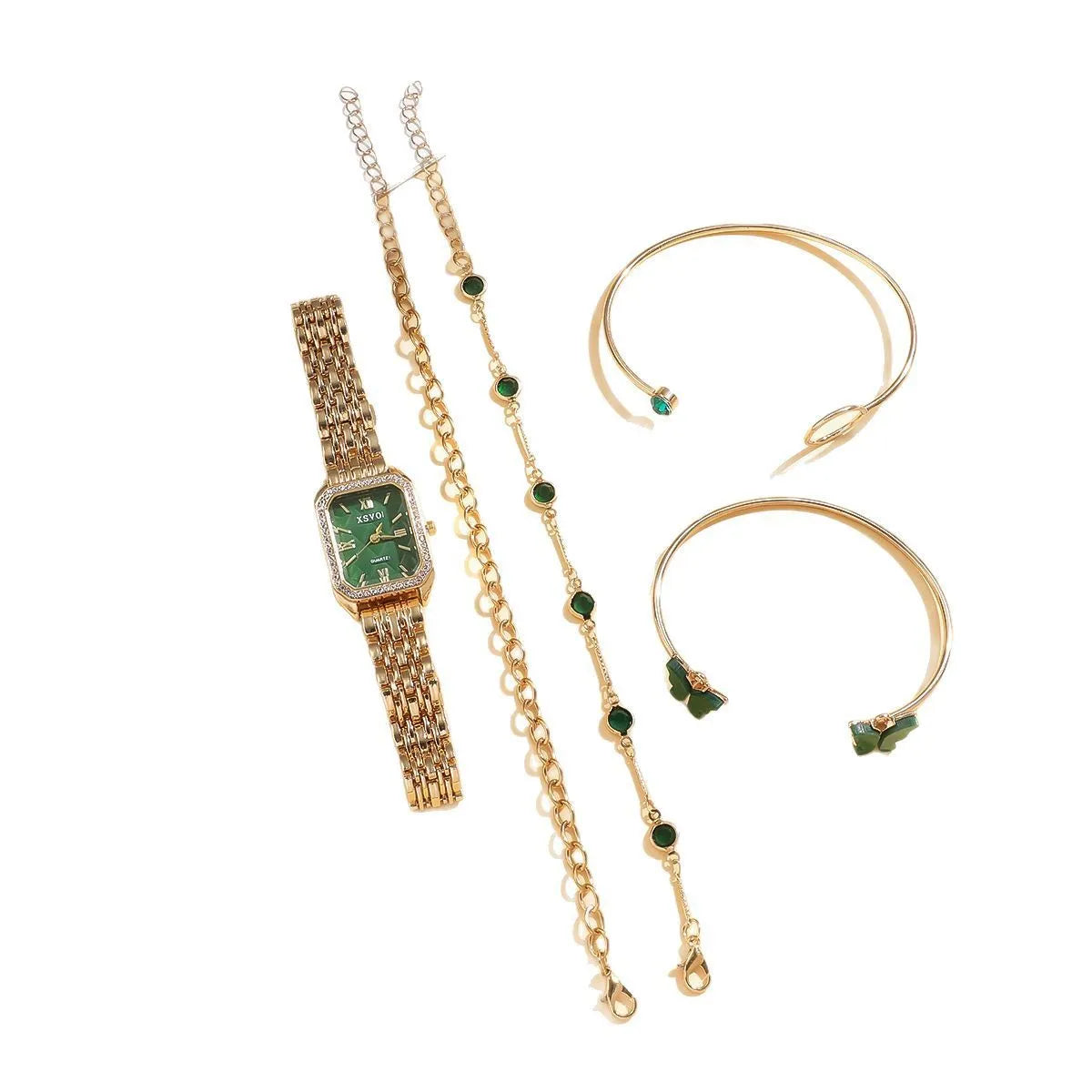 Gold green square dial women's watch with four matching alloy bracelets displayed together