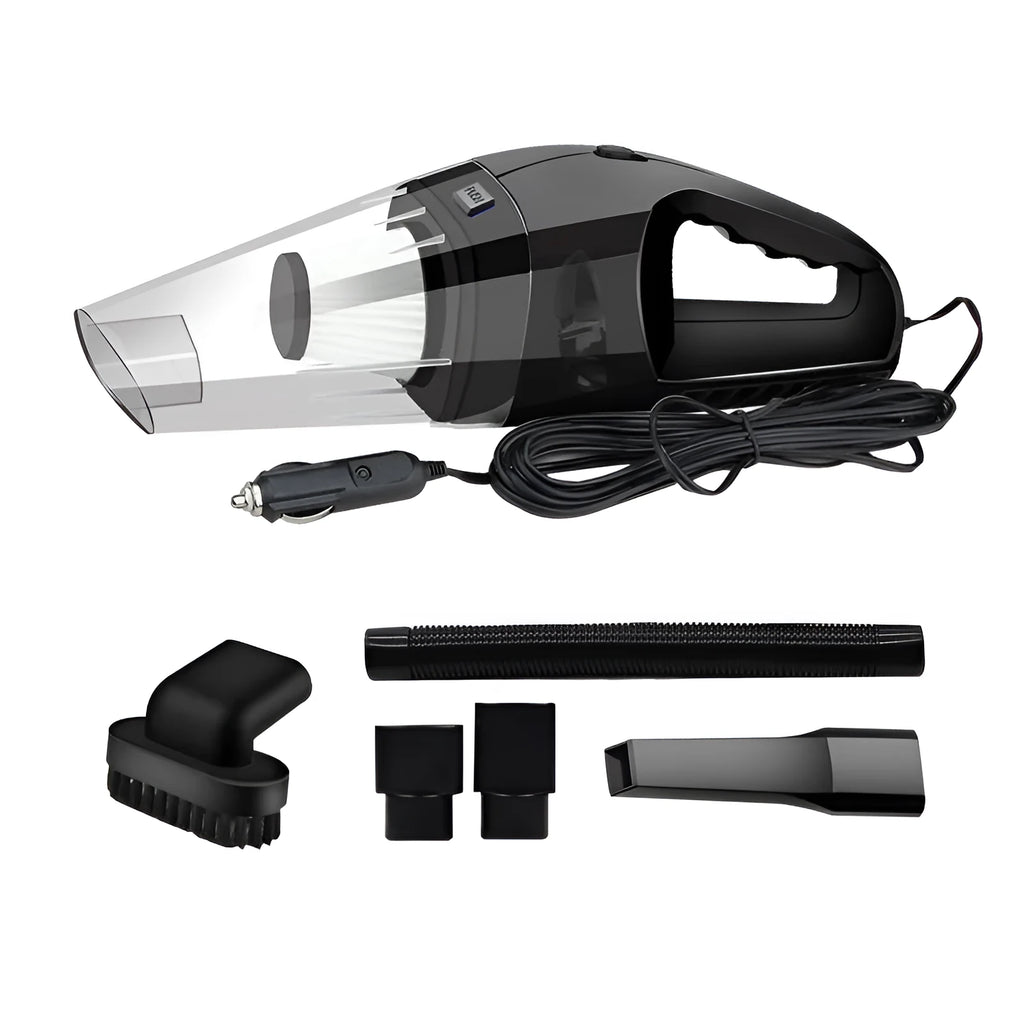 Orange portable handheld car vacuum cleaner with nozzles and a long power cord for 12V socket use.