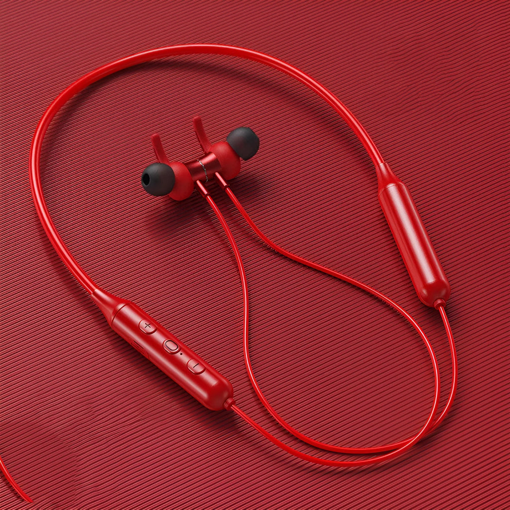 DD9 magnetic sucker neck sports Bluetooth headset with 40mm drivers, red colour, Qualcomm chip, 30h battery, ANC, 25cm cable, on white background