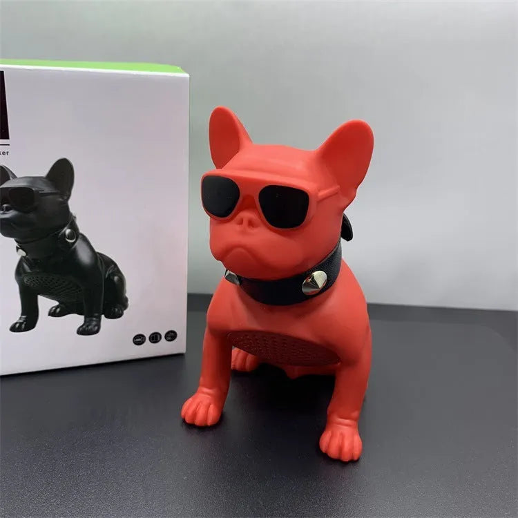 Mini full body bulldog Bluetooth speaker in three colour options showing dimensions