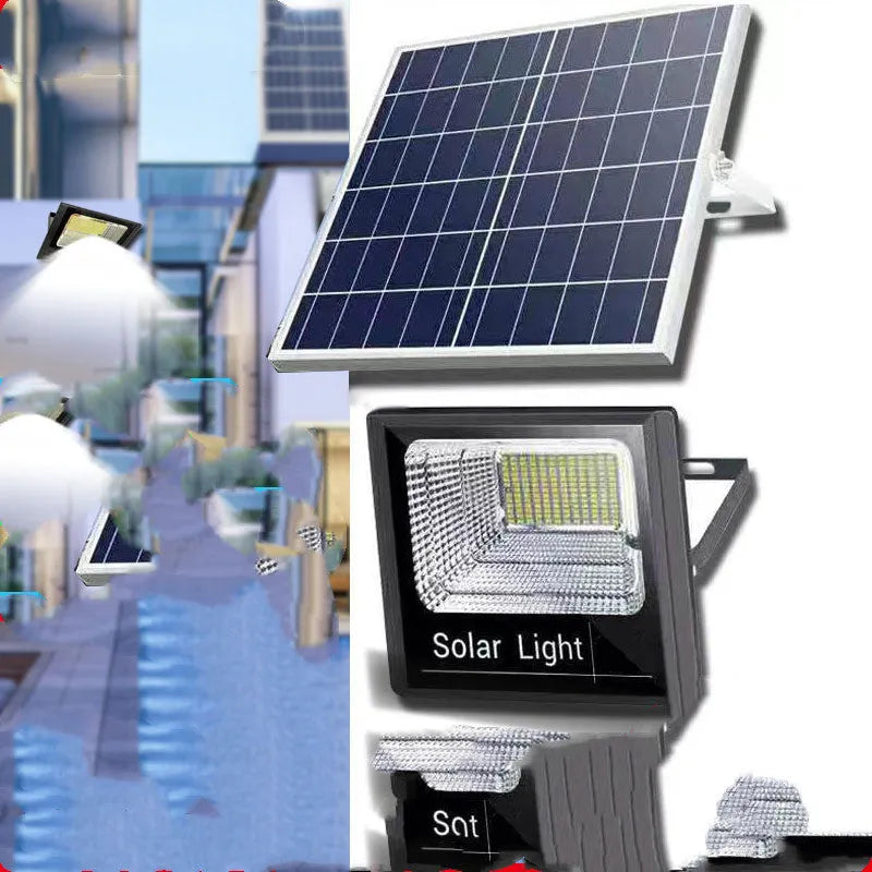 Black solar-powered LED flood light for outdoor garden and street lighting with remote control.