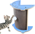 Grey cardboard cat corner scratching post with hanging yellow ball in a room corner.