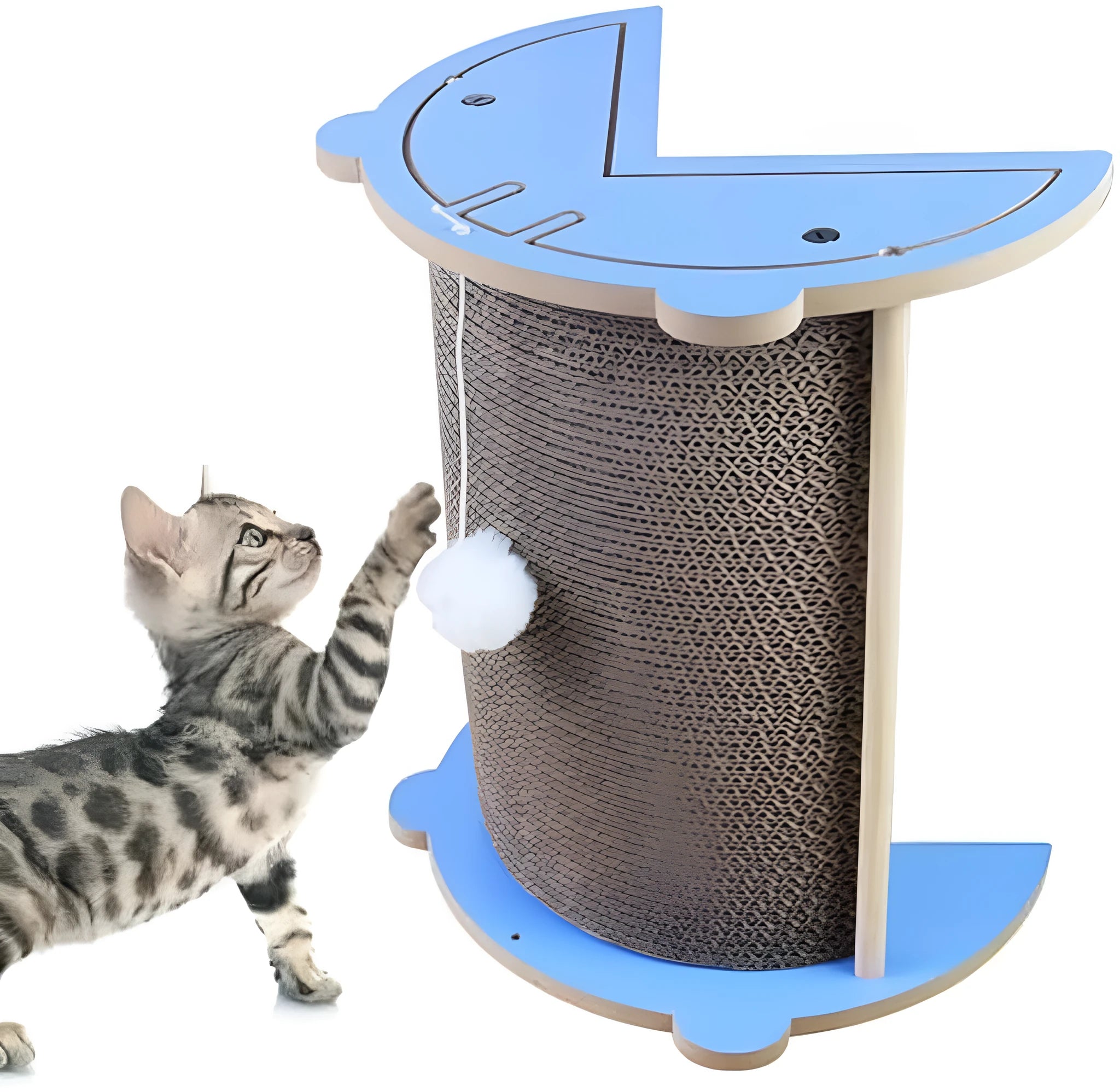 Grey cardboard cat corner scratching post with hanging yellow ball in a room corner.