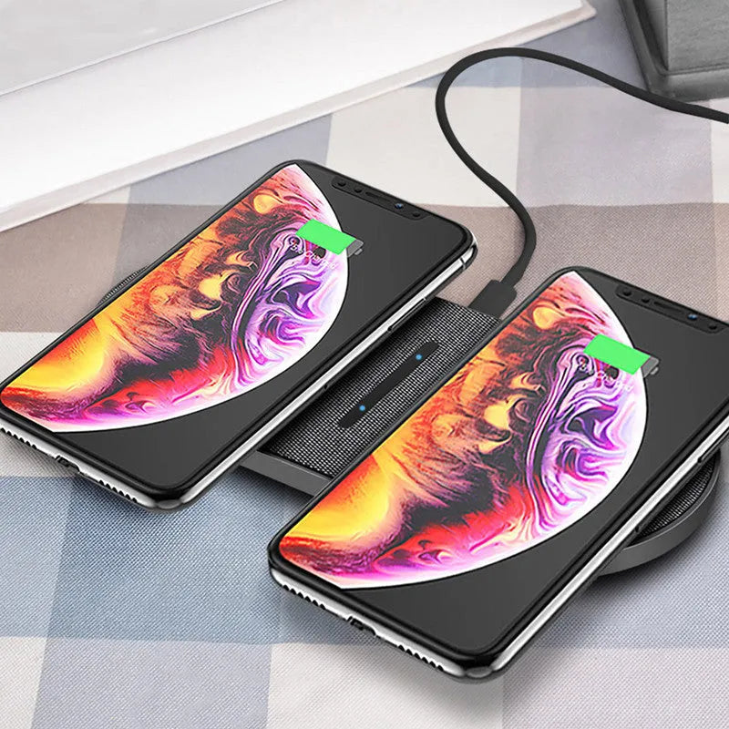 Black dual wireless charging pad with two 10W charging zones and Type-C/USB input ports