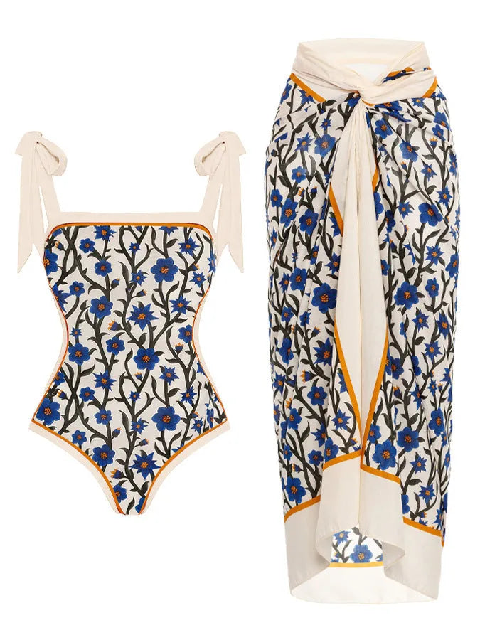 Women's printed floral two-piece swimsuit with chiffon hip skirt in multiple colour options