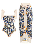 Women's printed floral two-piece swimsuit with chiffon hip skirt in multiple colour options