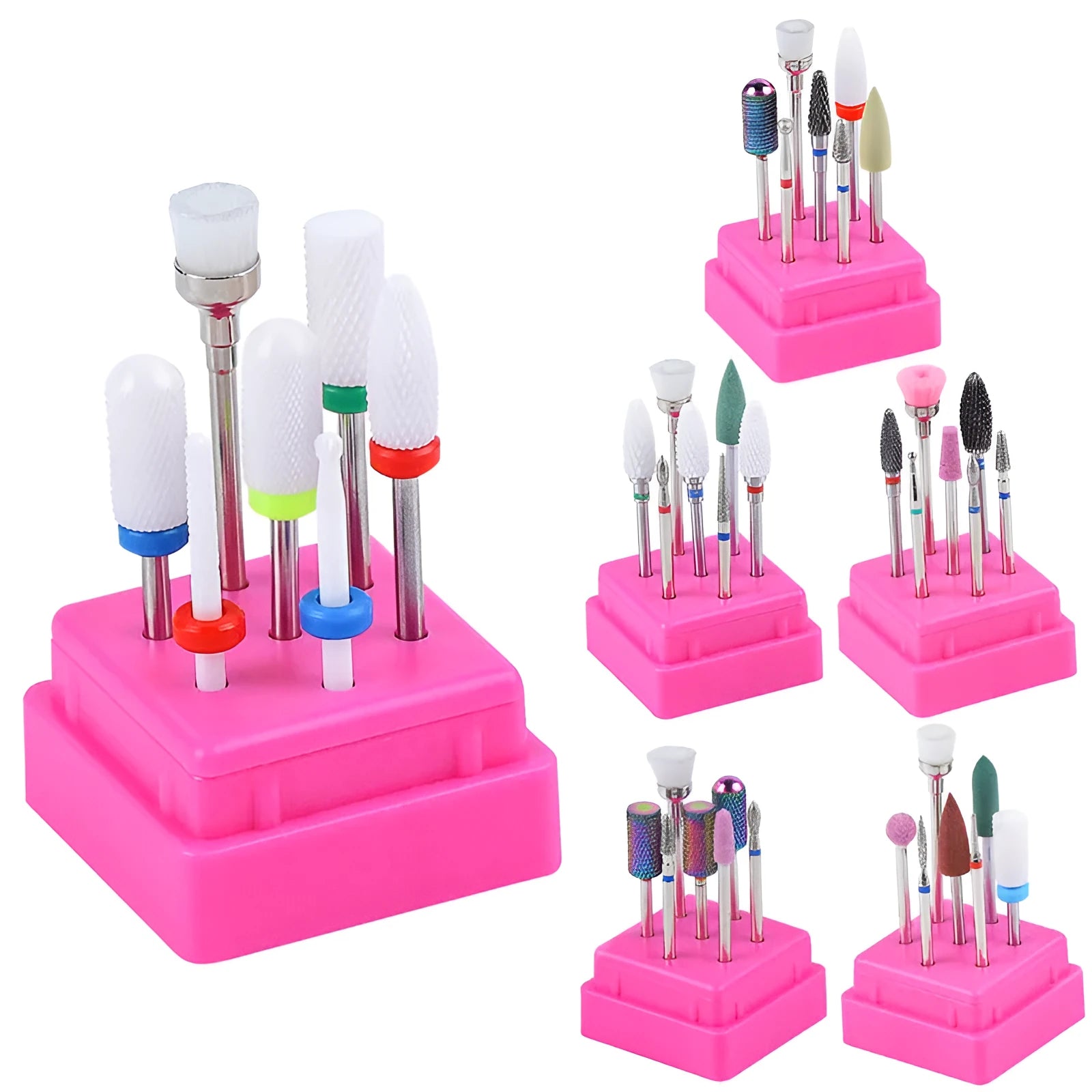 Seven piece tungsten steel alloy nail polishing head drill bit set with transparent storage case for manicure and pedicure.