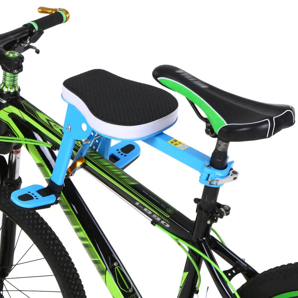 Front bicycle child seat with padded cushion and foldable pedal mounted on a bike