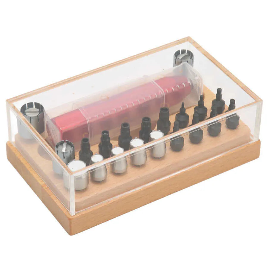 20-piece steel watch repair tool set with open tube tool in a black storage case.