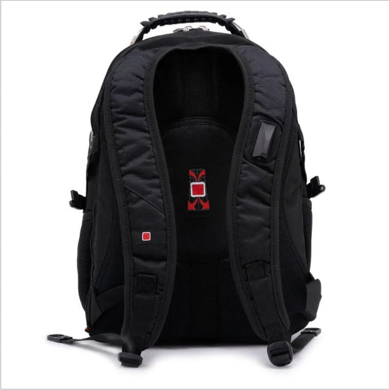 Black business backpack open to show laptop compartment and internal organisers.