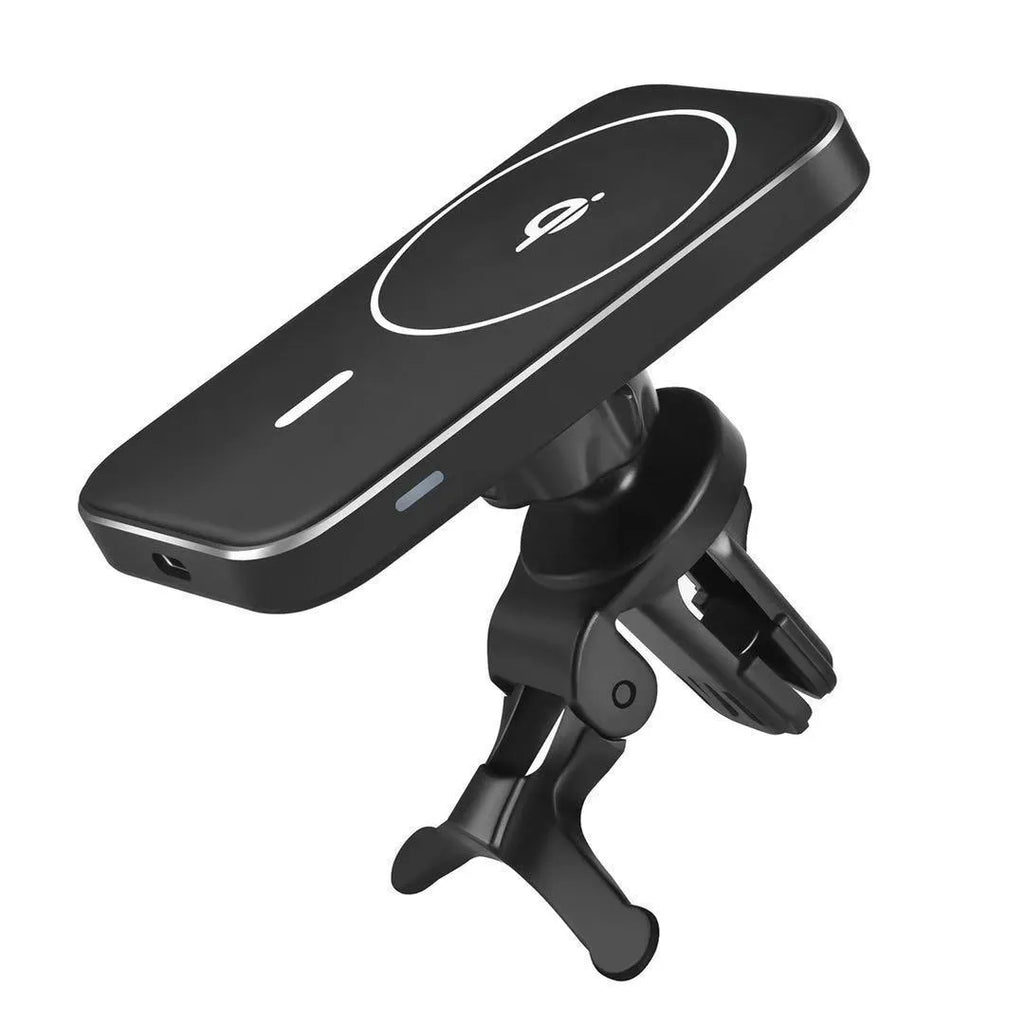 Black M6 magnetic wireless car charger bracket with phone mounted showing LED indicator