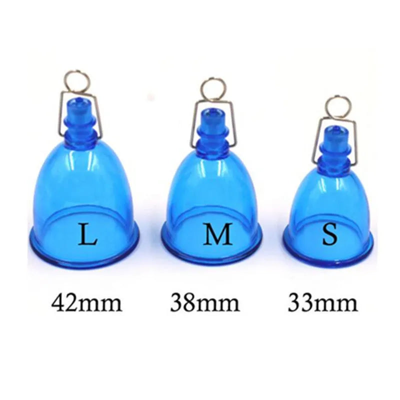 Blue silicone male masturbator cup shown in small, medium, and large size options
