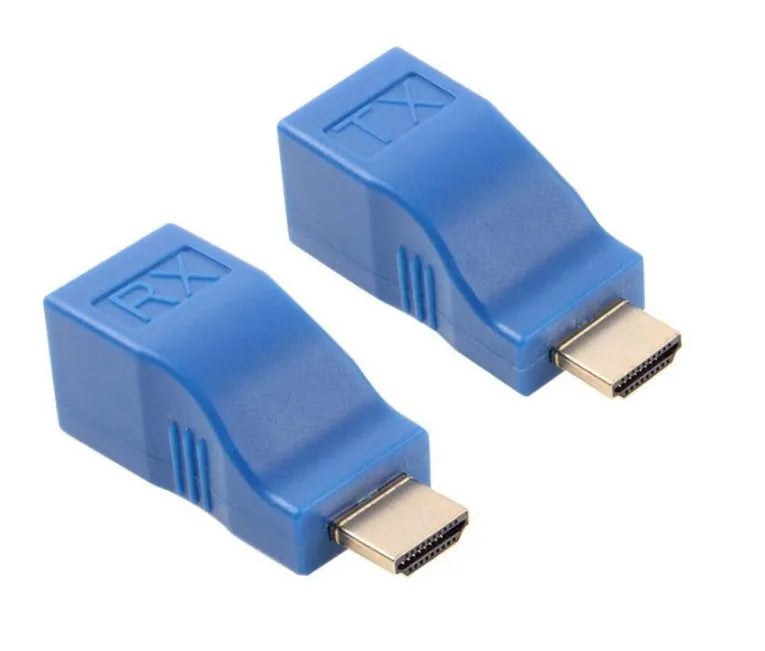 HDMI extender transmitter and receiver pair for 1080P signal transmission over Cat-5e/6 cable up to 30 metres.