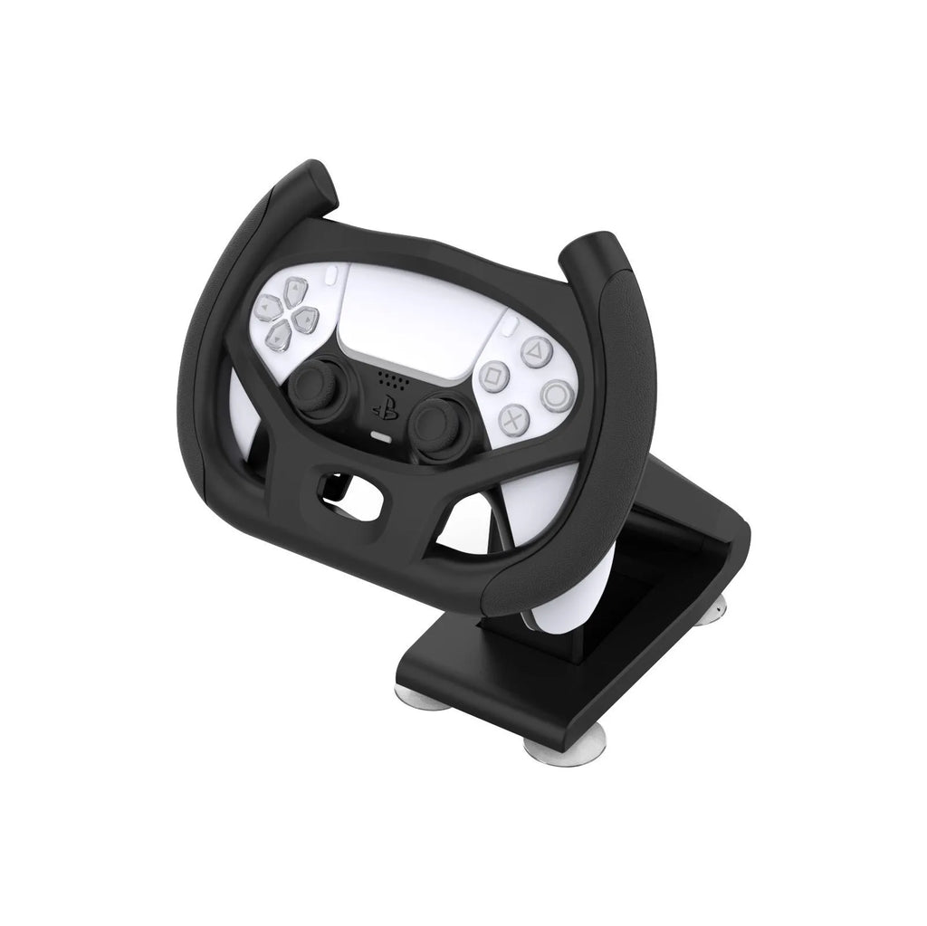 Black ABS plastic gamepad steering wheel bracket with suction cup and universal phone holder.