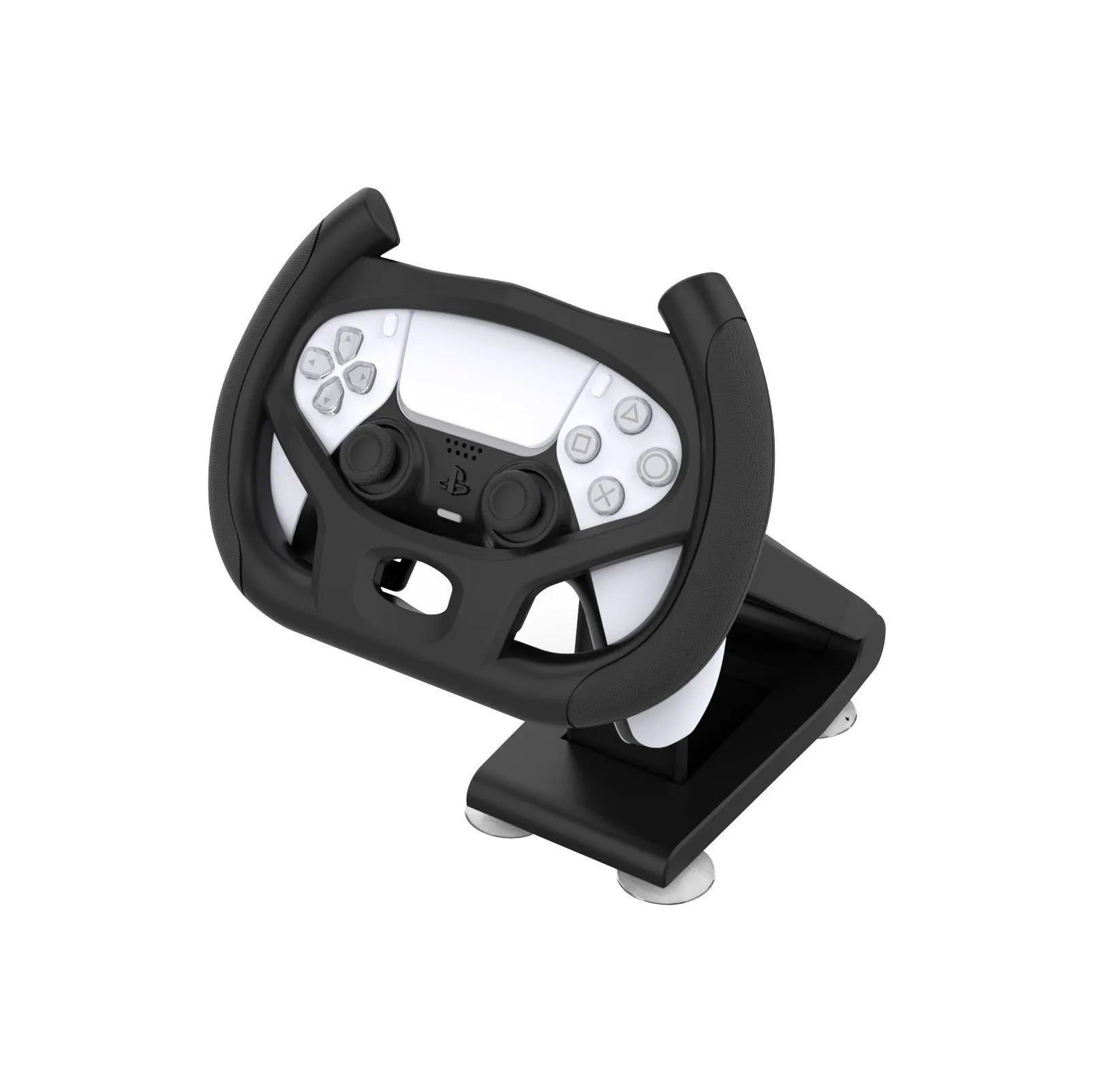 Black ABS plastic gamepad steering wheel bracket with suction cup and universal phone holder.
